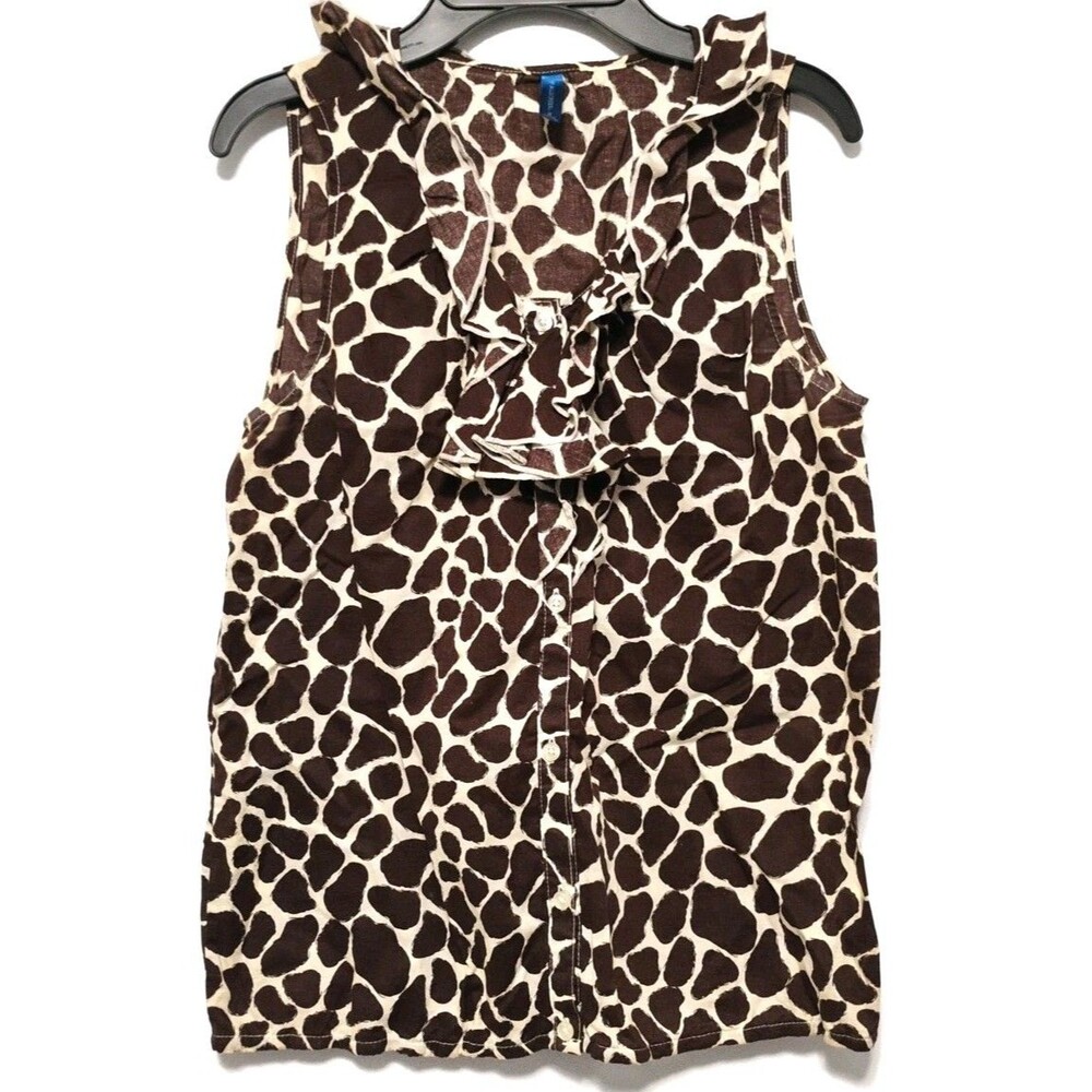 Women’s Small White Leopard Print Sleeveless High Neck Blouse Silk-Like Top